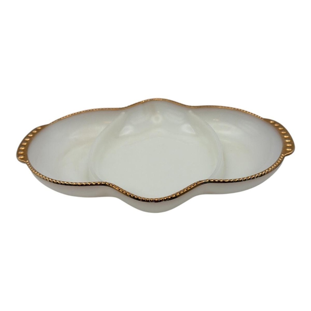 Fire King Ovenware 3 Section Divided Relish Dish Plate Gold Bead Trim EUC